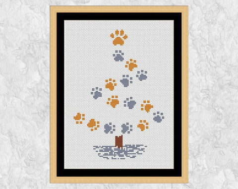 Paw Print Christmas Tree cross stitch pattern (larger size) - for cat or dog lover