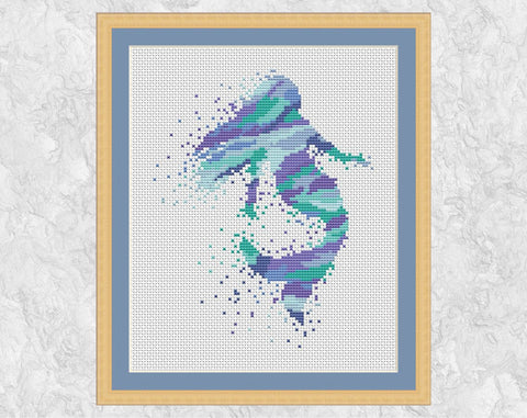Mermaid cross stitch pattern (in blues and greens) - with frame