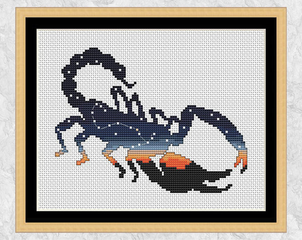 This cross stitch pattern shows the beautiful constellation of Scorpius inside the silhouette of a scorpion - perfect for the Scorpio in your life! Shown with frame.