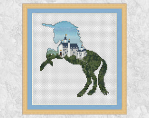 Unicorn silhouette filled with fairytale castle cross stitch pattern - with frame