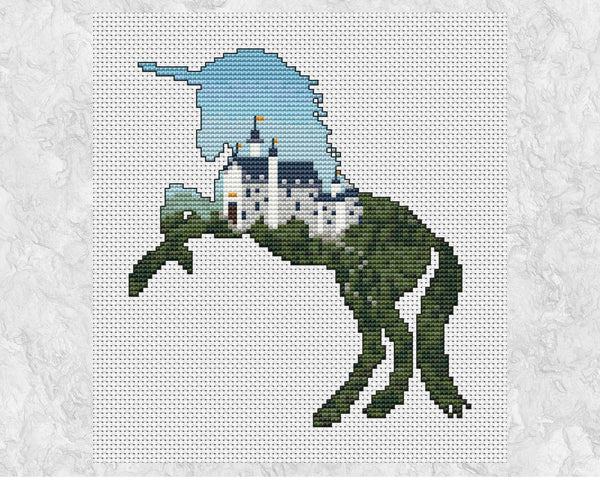 Unicorn silhouette filled with fairytale castle cross stitch pattern - without frame