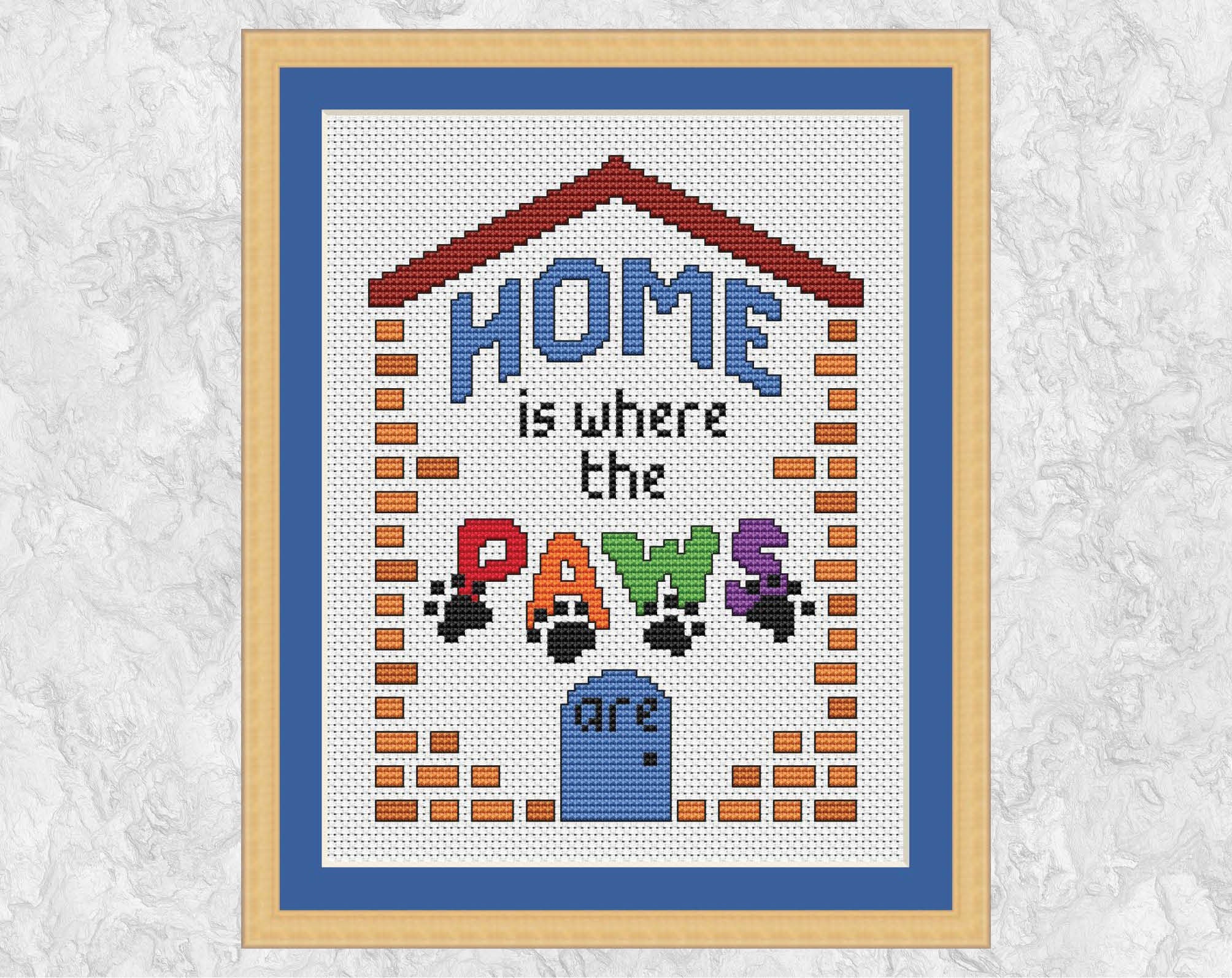 'Home Is Where The Paws Are' Pet Quote cross stitch pattern - with frame