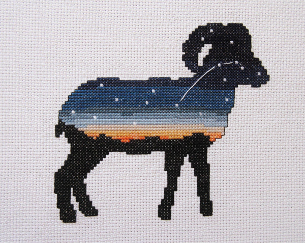 Aries cross stitch pattern - Zodiac at Home Collection. Straight view of stitched piece.