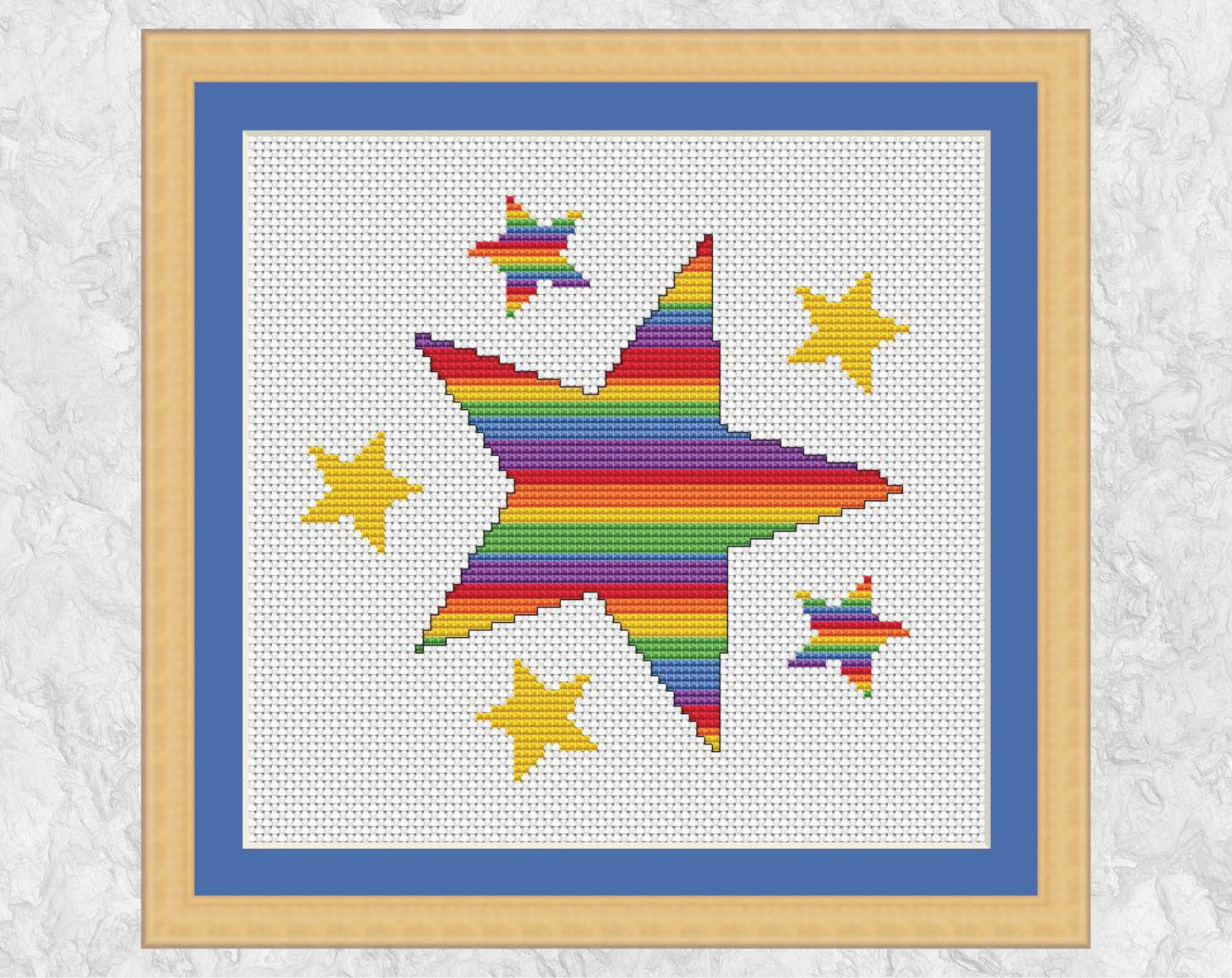 Rainbow Stripy Stars cross stitch pattern - on white background, with frame