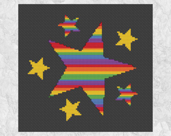 Rainbow Stripy Stars cross stitch pattern - on black background, without frame