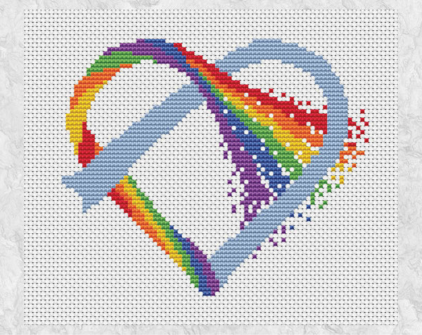Knotted Rainbow Heart cross stitch pattern on white fabric, without frame