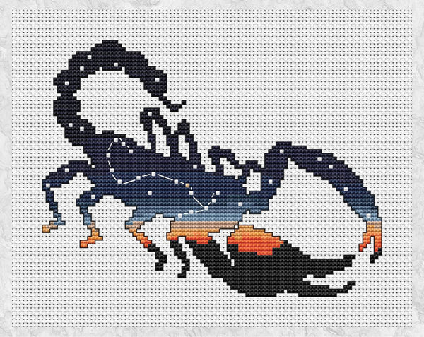 This cross stitch pattern shows the beautiful constellation of Scorpius inside the silhouette of a scorpion - perfect for the Scorpio in your life! Shown without frame.