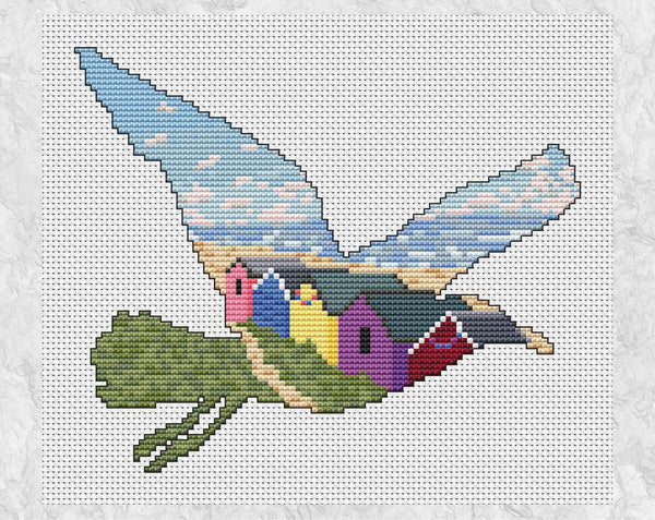 Cross stitch pattern PDF of a seagull filled with a scene of the sea, beach and beach huts. Without frame.