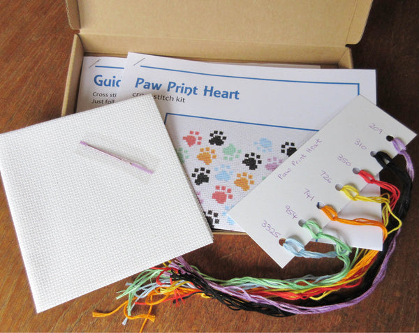 Paw Print Heart cross stitch kit - box contents, you will receive everything you need