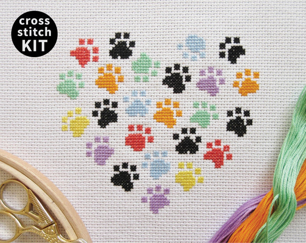 Paw Print Heart cross stitch kit - heart shaped made up of rainbow and black coloured mini paw prints