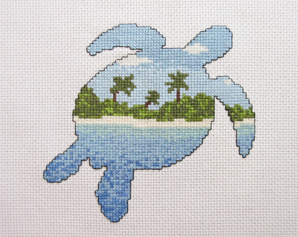 Desert Island Turtle cross stitch kit - turtle with beach scene inside its body