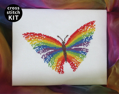 Rainbow Butterfly cross stitch kit - butterfly with wings made of magical rainbows, complete kit to stitch it yourself.