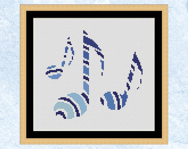 Musical Notes cross stitch pattern - blue version with frame