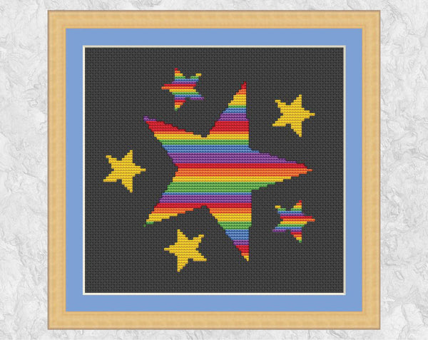 Rainbow Stripy Stars cross stitch pattern - on black background, with frame