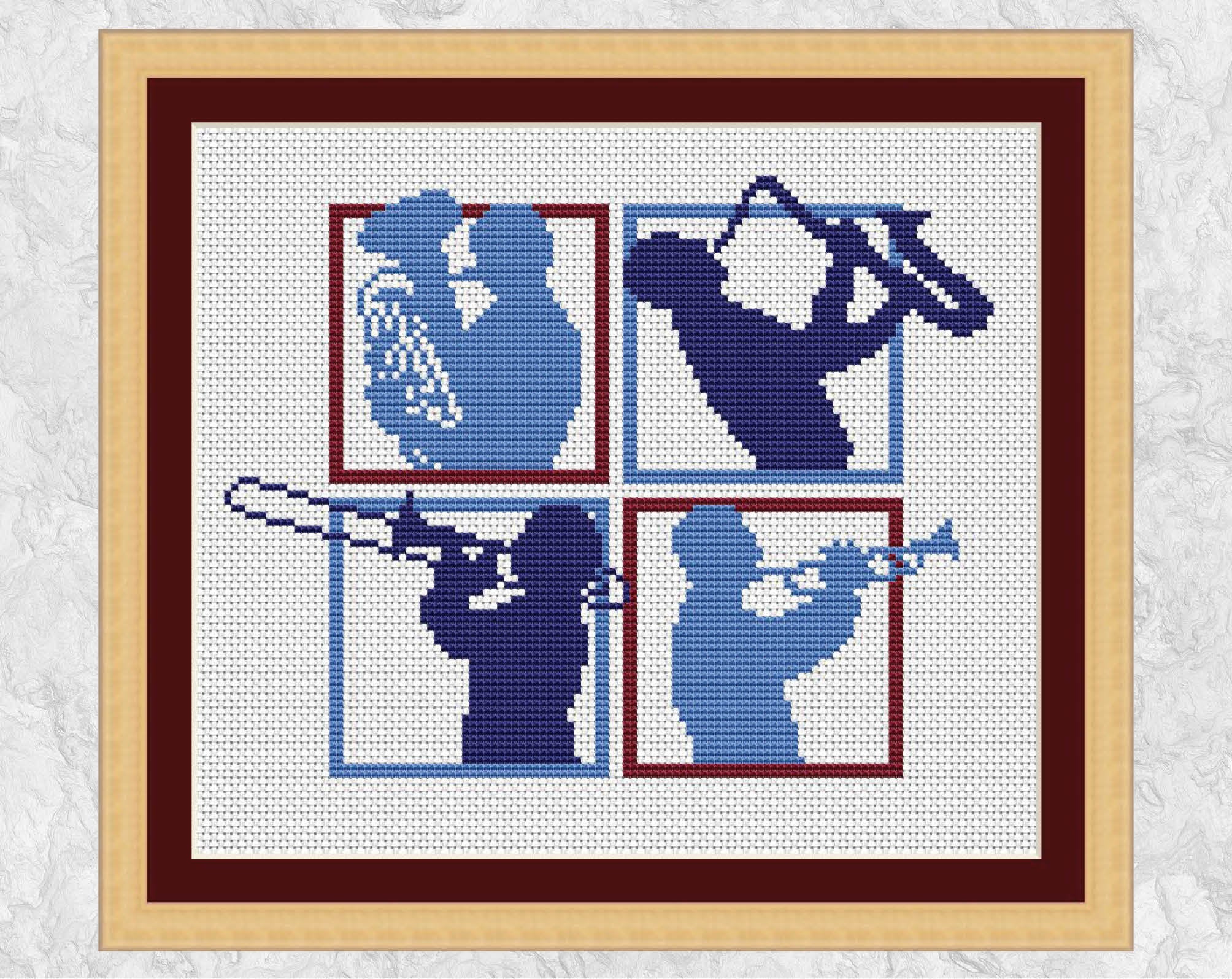 Brass Musicians cross stitch pattern - music pattern featuring euphonium, saxophone, trombone and trumpet