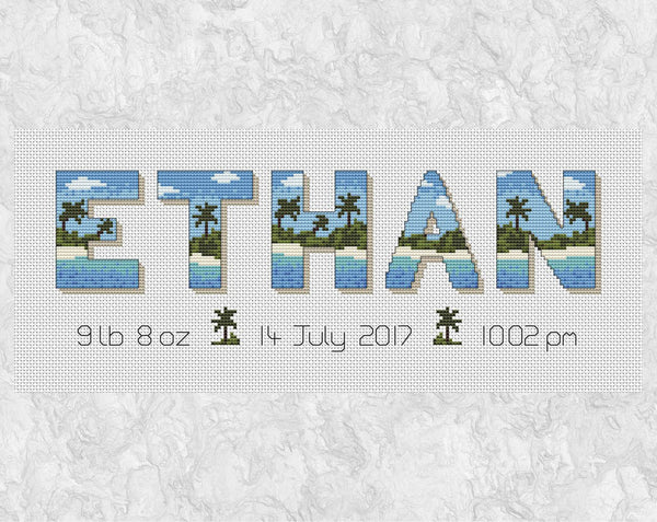 Desert Island Birth Announcement - customised cross stitch pattern. Large capital letters spelling a name, with each letter filled with a desert island scene. Beneath the name are the birth details, separated by little palm trees. Example pattern with name 'Ethan', shown without frame.