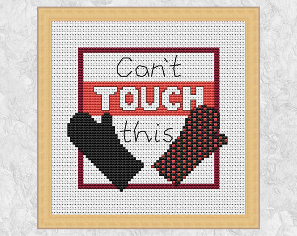 Can't Touch This with picture of oven gloves cross stitch pattern