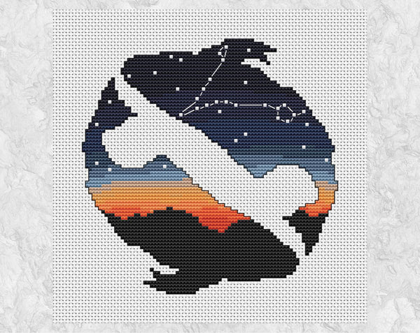 This cross stitch pattern shows the constellation of Pisces in the night sky, inside a silhouette of two fish, the symbol of Pisces. Shown without frame.