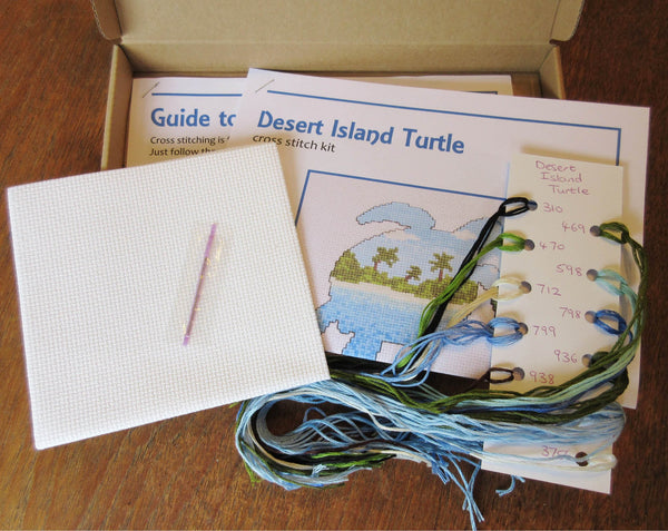 Desert Island Turtle cross stitch kit - contents of box