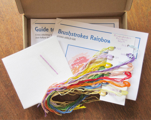 Rainbow Heart cross stitch kit - box contents