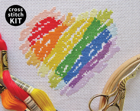 Brushstrokes Rainbow Heart cross stitch kit - fun and colourful design to stitch
