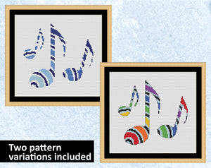 Musical Notes cross stitch pattern - blue and rainbow versions included