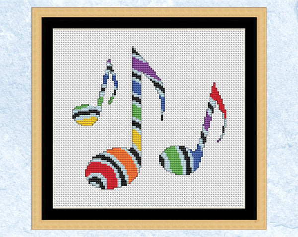 Musical Notes cross stitch pattern - rainbow version with frame