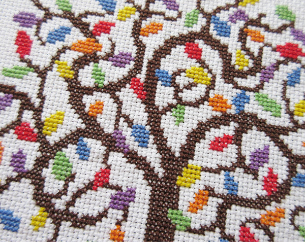Rainbow Tree cross stitch pattern - close up view of stitched piece