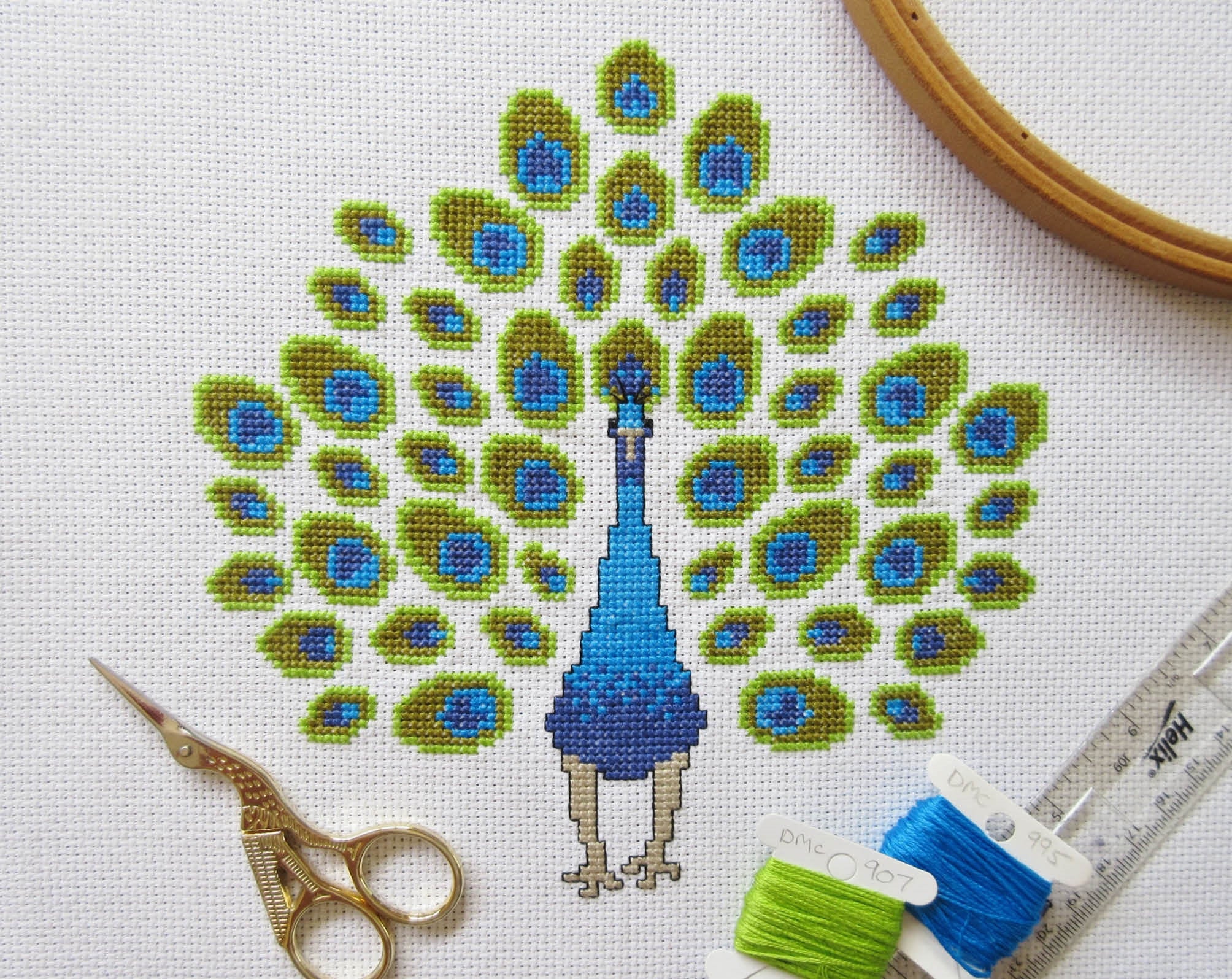 Peacock cross stitch pattern - stylised peacock with big feathers