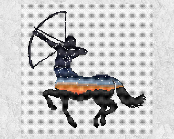Cross stitch pattern of the silhouette of a centaur about to shoot an arrow, filled with a sunset and night sky showing the constellation of Sagittarius. Shown without frame.