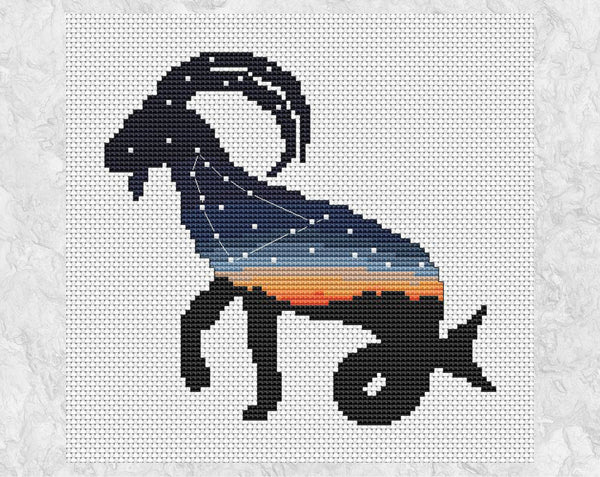 Cross stitch pattern of Capricorn, the sea goat, filled with a scene of the constellation Capricornus against the last of a sunset. Without frame.