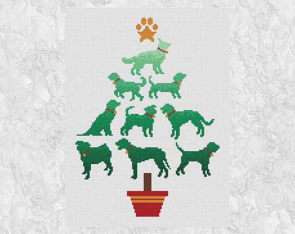 Cross stitch pattern PDF of a Christmas tree made up of dog breeds - perfect for any dog lover! Shown without frame.