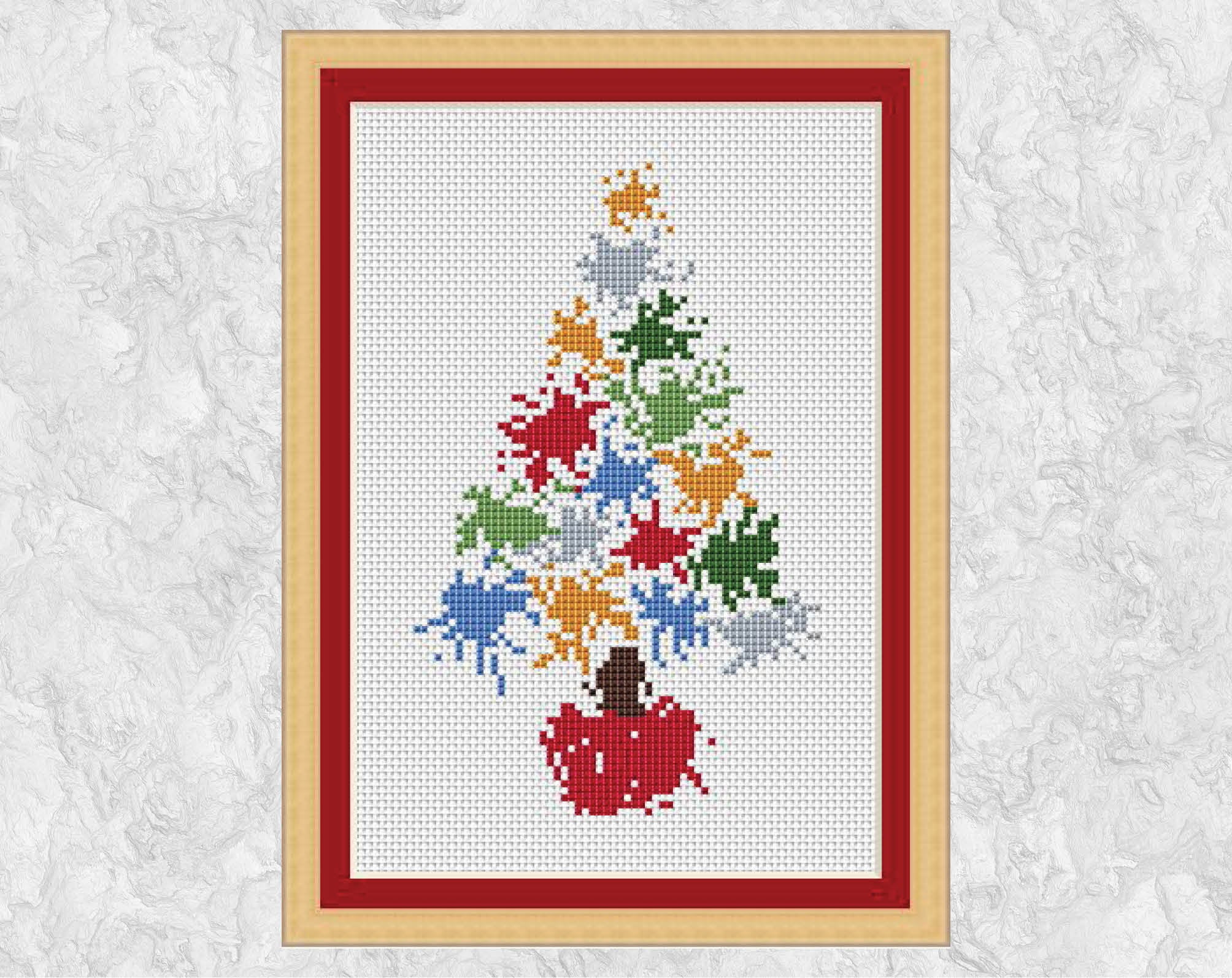 Splattered Paint Christmas Tree cross stitch pattern with frame