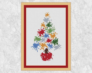 Splattered Paint Christmas Tree cross stitch pattern with frame