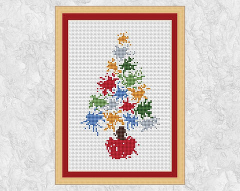 Splattered Paint Christmas Tree cross stitch pattern with frame
