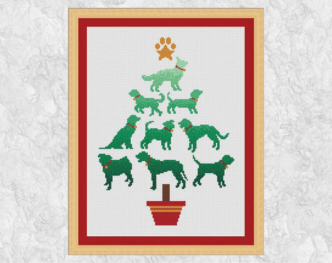 Cross stitch pattern PDF of a Christmas tree made up of dog breeds - perfect for any dog lover! Shown with frame.