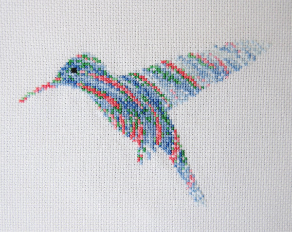 Ripples Hummingbird cross stitch pattern in pastel blues, pinks and greens