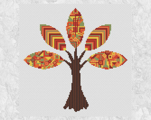 Patterned Autumn Tree cross stitch pattern - fall forest design. Shown without frame.