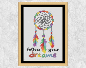 Dreamcatcher Follow Your Dreams cross stitch pattern with frame