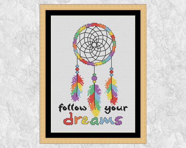 Dreamcatcher Follow Your Dreams cross stitch pattern with frame