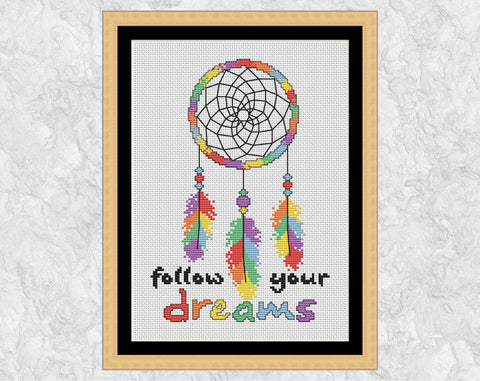 Dreamcatcher Follow Your Dreams cross stitch pattern with frame