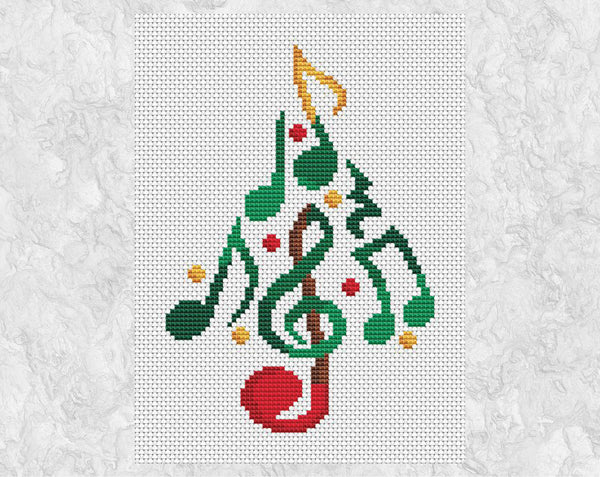 Cross stitch pattern of Christmas tree shape made out of musical notes and treble clef
