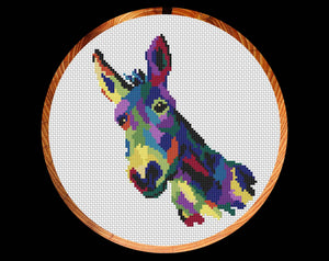Multicoloured Patchwork Donkey cross stitch pattern - shown in hoop