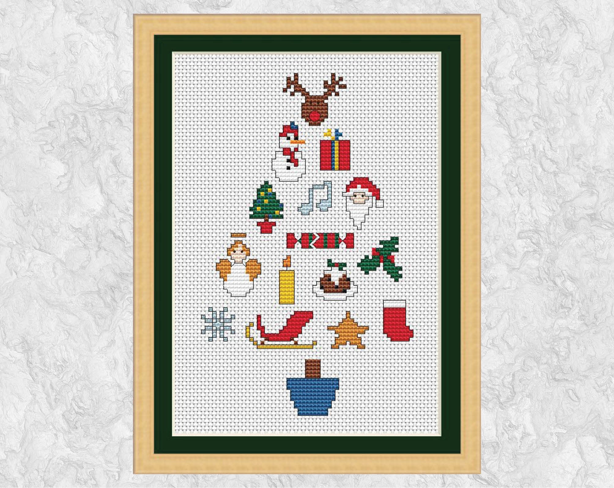 Christmas tree cross stitch patterns made up of lots of iconic symbols of Christmas - with frame