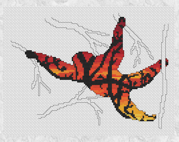 Cross stitch pattern PDFs of an orangutan swinging through a rainforest, filled with a scene of tangled vines against a vibrant sunset. Shown without frame.