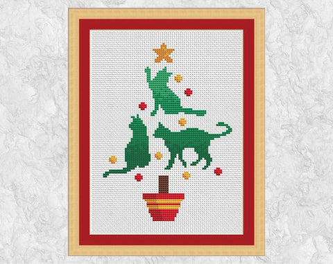 Cross stitch pattern PDF of a Christmas tree made up of cats - smaller card sized version - with frame