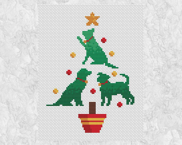 Cross stitch pattern PDF of a Christmas tree made up of dogs - perfect for any dog lover! Card sized version with three dog silhouettes. Shown without frame.