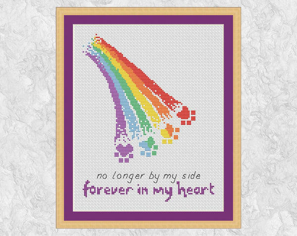 Rainbow Paw Prints pet memorial cross stitch pattern - with frame