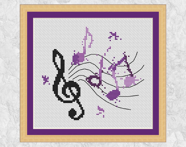 Splattered Paint Musical Notes cross stitch pattern - with frame