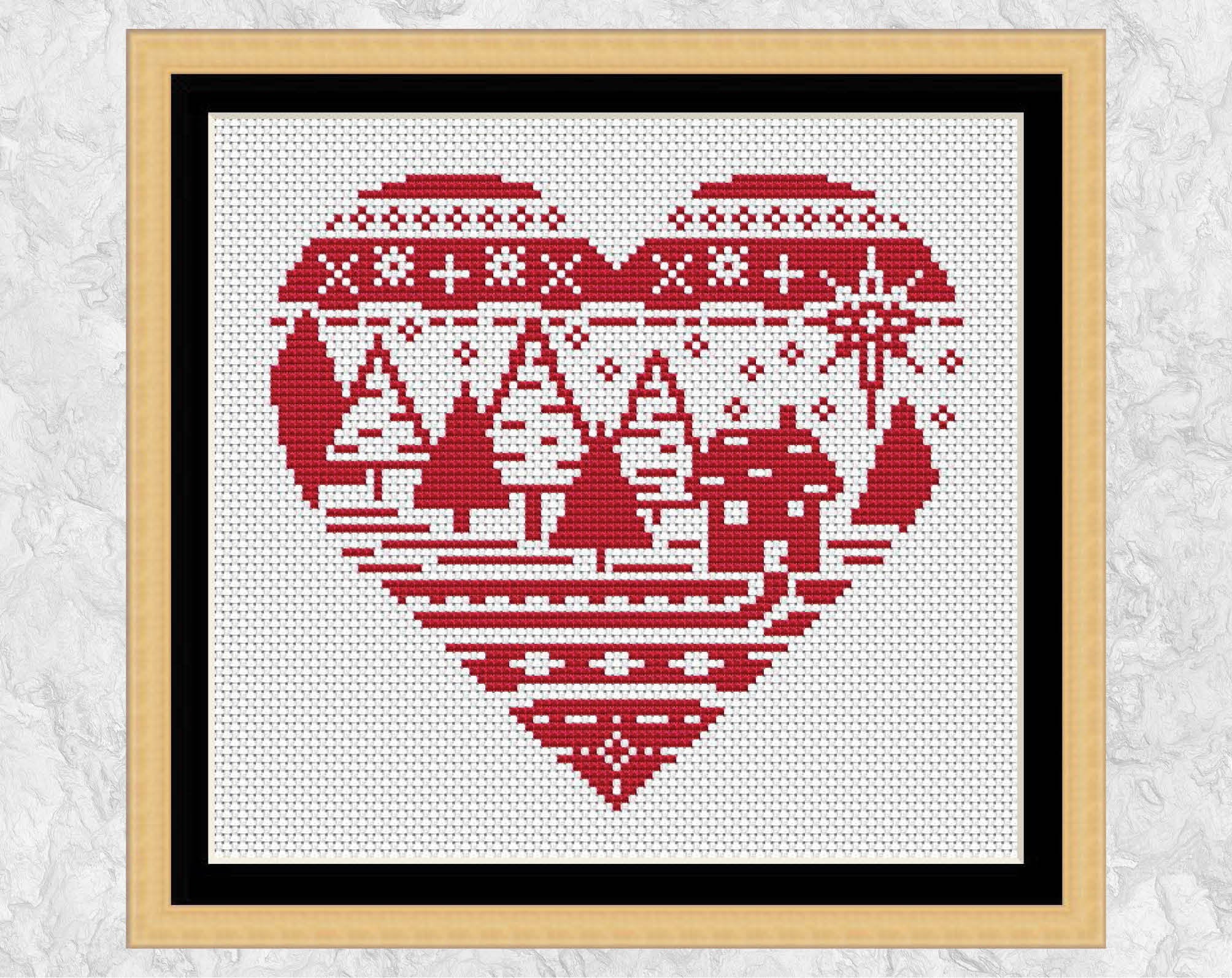 Nordic Christmas Heart cross stitch pattern with frame